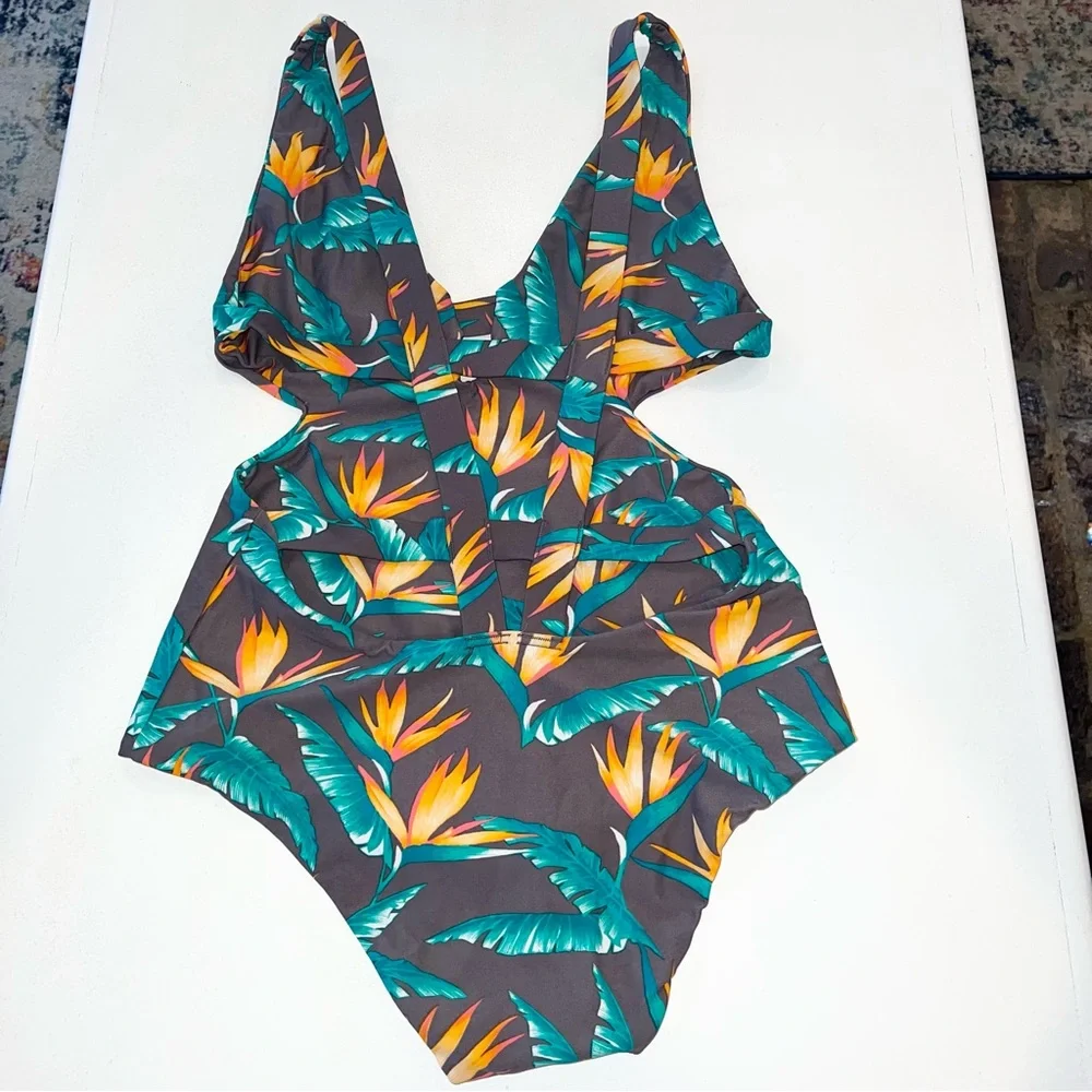 Tori Praver Birds of Paradise Cutout One Piece Swimsuit Large Tropical Hawaii